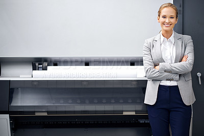 Buy stock photo Printing machine, woman and portrait with paper in printer factory, warehouse and manufacturing materials with tech. Creative sector, equipment and publisher with confident for business industry