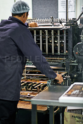Buy stock photo Man, printing factory and production manufacturing or industrial process for wholesale, packaging or newspaper. Male person, back and warehouse engineer or quality control, distribution or supplier