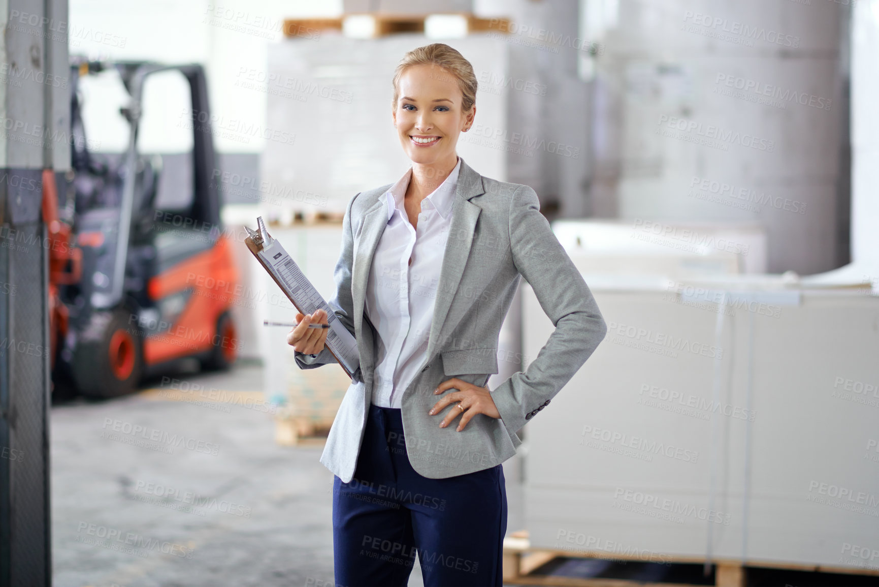 Buy stock photo Woman, manufacturer and smile with clipboard at warehouse for paperwork and administration. Portrait, female person and happy with stock or information capture in logistics company as entrepreneur