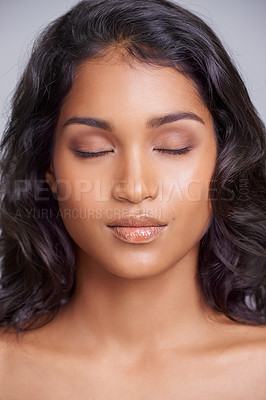 Buy stock photo Closeup, face and woman for beauty, cosmetics and makeup isolated on gray background. Female person, gen z girl and eyes closed with skin for care, dermatology and microblading by studio backdrop