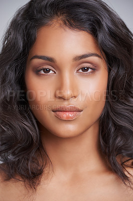 Buy stock photo Portrait, aesthetic and woman in headshot for makeup, cosmetics and beauty serious isolated on studio background. Female person, gen z girl and lady with skin for care, dermatology and microblading