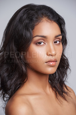 Buy stock photo Skincare, health and portrait of woman in studio with beauty, wellness and natural facial routine. Model, cosmetics and face of female person with dermatology treatment isolated by gray background.