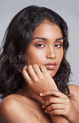Buy stock photo Cosmetic, beauty and portrait of woman in studio with health, wellness and natural facial routine. Glow, skincare and female person with face dermatology treatment isolated by gray background.