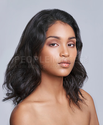 Buy stock photo Skincare, wellness and portrait of woman in studio with health, beauty and natural facial routine. Serious, cosmetics and face of female person with dermatology treatment by gray background.