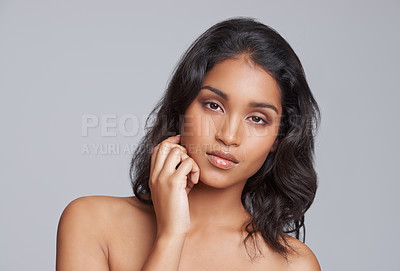 Buy stock photo Natural, beauty and portrait of woman in studio with health, wellness and skincare facial routine. Model, cosmetics and face of female person with dermatology treatment isolated by gray background.