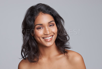 Buy stock photo Portrait, beauty and hair with a woman in studio on a gray background for natural haircare treatment. Face, skincare and shampoo with an attractive young female model at the salon for a haircut