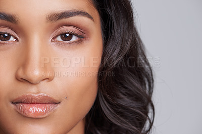 Buy stock photo Skincare, beauty and portrait of woman in studio with health, wellness and natural facial routine. Mockup, cosmetics and closeup face of female person with dermatology treatment by gray background.
