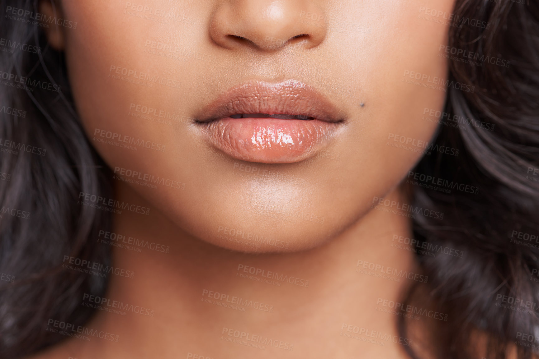 Buy stock photo Woman, mouth and skin with natural beauty, skincare and wellness with gloss for dermatology closeup. Face, change and balm on lips for moisturizer, cosmetics and collagen with oil or serum for glow