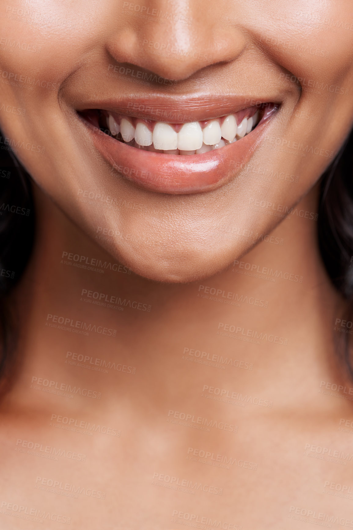 Buy stock photo Woman, smile and mouth with teeth whitening for dental, health and oral hygiene with veneers. Skin, face and happy model for orthodontics, fresh breathe and glow with wellness, clean and beauty