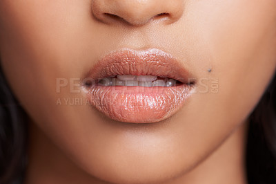 Buy stock photo Closeup of woman, lips and skin with natural beauty, skincare and wellness with gloss for dermatology. Face, change and balm on mouth for moisturizer, cosmetic and collagen with oil or serum for glow