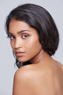 Buy stock photo Glow, beauty and portrait of woman in studio with health, wellness and natural facial routine. Confident, cosmetics and face of female person with skincare dermatology treatment by gray background.