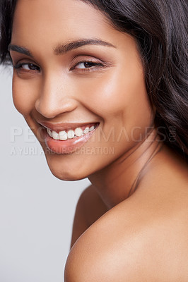 Buy stock photo Portrait, smile and woman in headshot for makeup, cosmetics and beauty happy isolated on studio background. Female person, gen z girl and lady with skin for care, dermatology and microblading