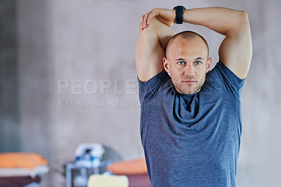 Buy stock photo Athlete, man and stretching for fitness, exercise and workout performance for competition. Male person, healthcare and wellness with sport as hobby, daily routine and cardio for warm up or muscle