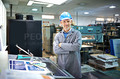 Buy stock photo Portrait, confident and manager in factory with machine for printing, equipment maintenance and production supervisor. Male person and industrial warehouse for manufacturing or distribution of paper.