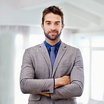 Buy stock photo Portrait, smile and happy businessman in office, formal and corporate business owner. Face, confidence and management in suit for professional male person, startup entrepreneur and finance career 