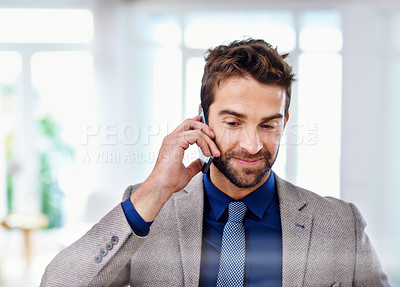 Buy stock photo Phone call, smile and businessman in office, formal and conversation for business owner. Smartphone, technology and talking in suit for professional male person, startup entrepreneur and finance