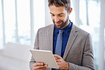 Buy stock photo Tablet, smile and businessman in office, web design and read online project or website. Corporate, networking or internet for research or planning with male person, strategy or leadership for manager