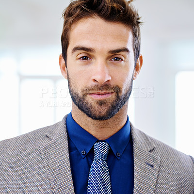 Buy stock photo Portrait, smile and happy businessman in office, corporate and professional business owner. Face, confidence or management or leadership for male person, happiness and entrepreneur in finance career 