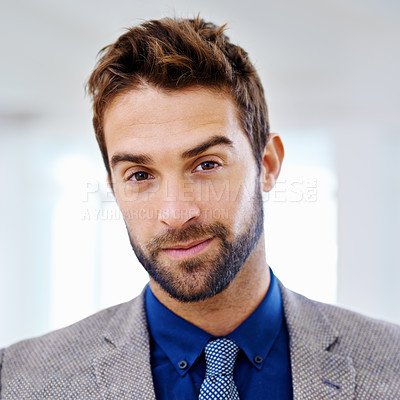 Buy stock photo Face, portrait and businessman in office, corporate and professional trading business owner. Confidence, workplace and employee or worker for male person, portrait or entrepreneur in finance career