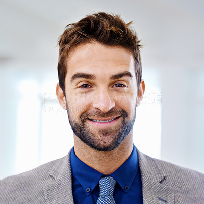 Buy stock photo Smile, face and portrait of businessman in office, corporate and professional business owner. Confidence, employee or worker for male person, happiness and entrepreneur in finance career