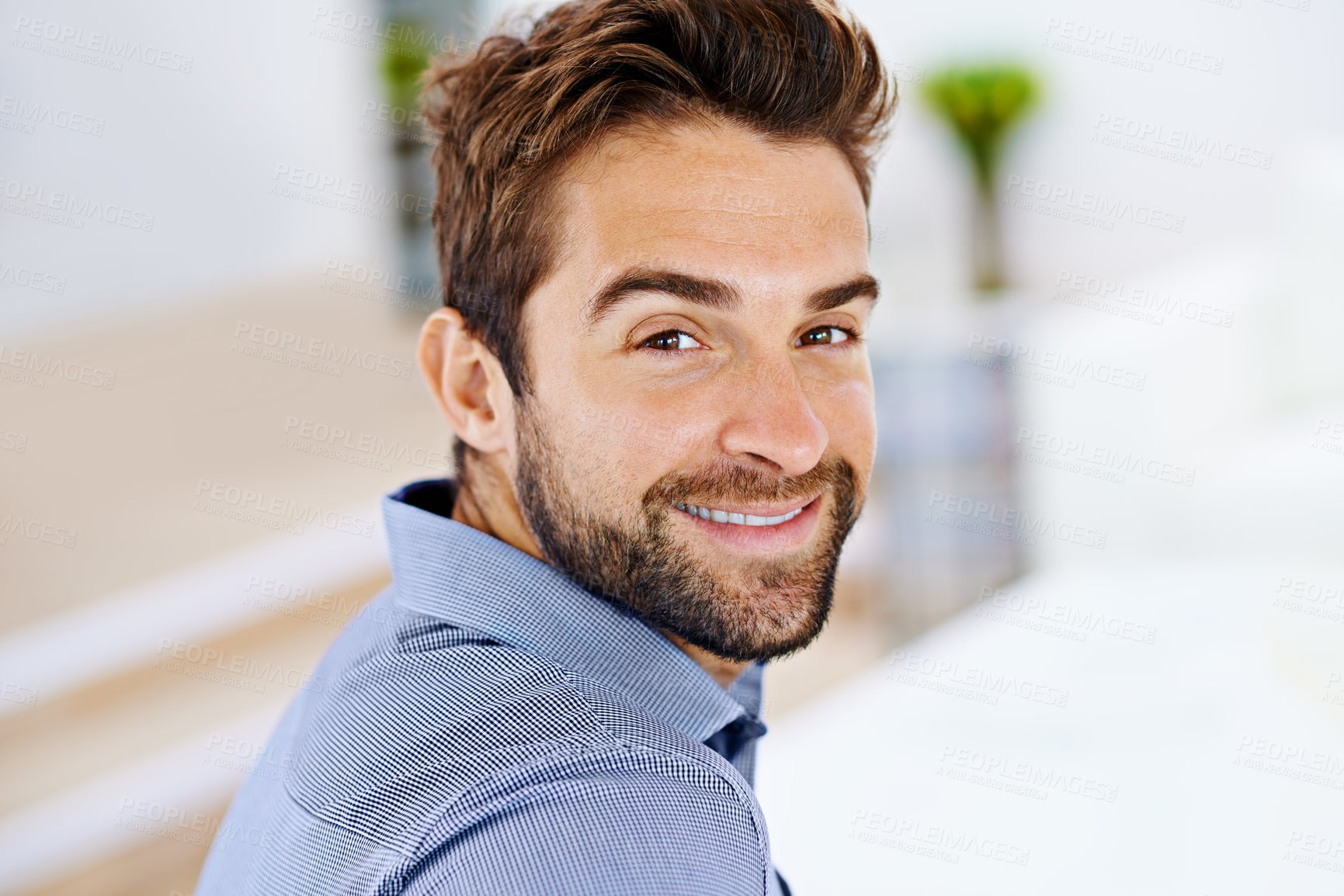 Buy stock photo Smile, face and portrait of man in house, home and living room happy to relax for holiday, break and weekend. Male person, gentleman and young  guy in apartment, foyer and lounge for vacation