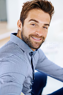 Buy stock photo Smile, confidence and portrait of man in house, home and living room happy to relax for holiday, break and weekend. Male person, gentleman and Spanish guy in apartment, bedroom or lounge for vacation
