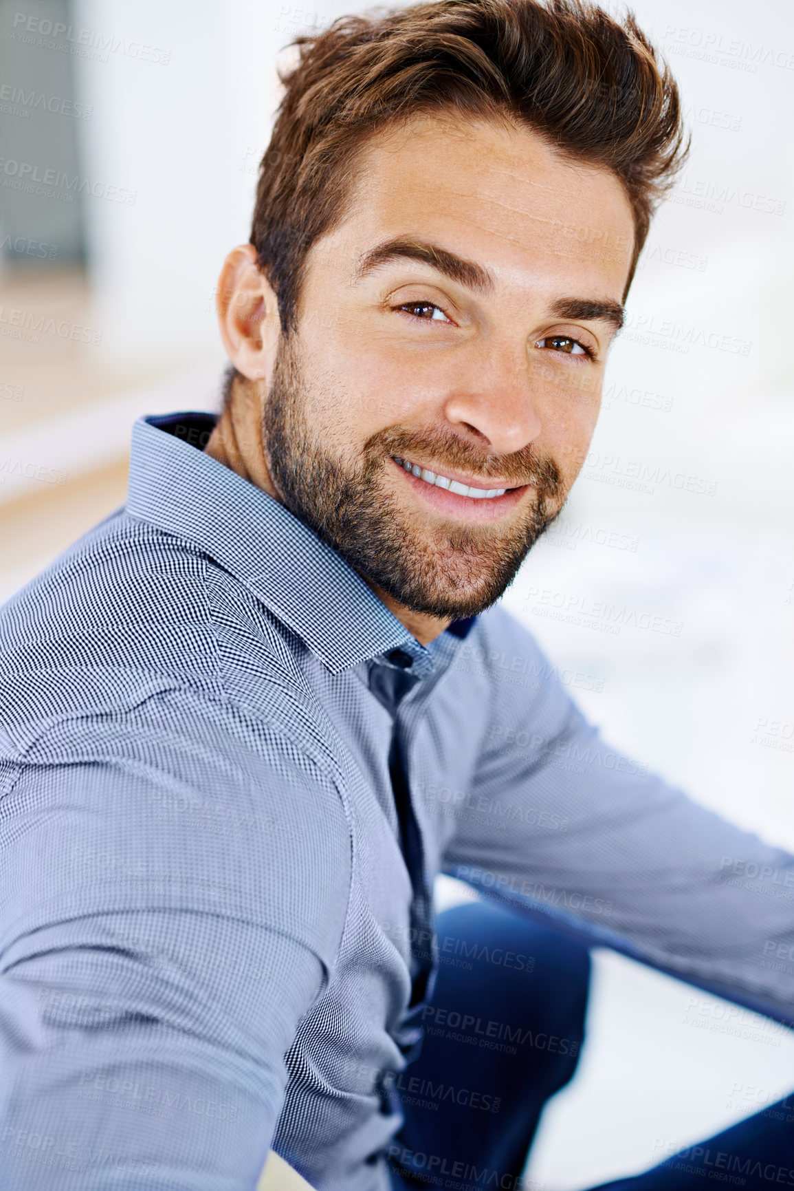 Buy stock photo Smile, confidence and portrait of man in house, home and living room happy to relax for holiday, break and weekend. Male person, gentleman and Spanish guy in apartment, bedroom or lounge for vacation