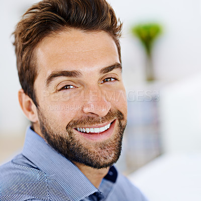 Buy stock photo Professional man, confident and portrait of freelance worker in house for career, remote project and job satisfaction. Mediterranean male person, smiling and work from home for independent company.