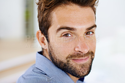 Buy stock photo Smile, headshot and portrait of man in house, home and living room happy to relax for holiday, break and weekend. Male person, gentleman and gen z guy in apartment, bedroom and lounge for vacation
