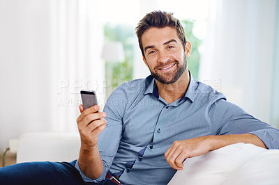 Buy stock photo Business man, phone and portrait for email in home, communication and networking for company. Male person, smile and reading a notification on app for conversation, website and internet for info