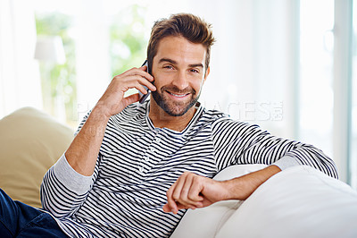 Buy stock photo Business man, phone call and portrait in home, communication and app for talking. Male person, smile and planning for project or idea in lounge, information and discussion on career opportunity