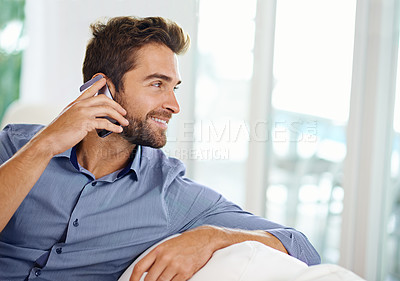 Buy stock photo Business man, phone call and communication in home, networking and app for talking. Male person, smile and planning for project or idea in lounge, information and discussion on career opportunity