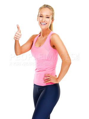 Buy stock photo Woman, portrait and thumbs up for fitness in studio with yes gesture, exercise emoji and happy with workout. Athlete, person and smile with hand sign for success with training on white background