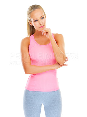 Buy stock photo Woman, thinking and fitness in studio for healthy, wellness and reflection on exercise. Athlete, female person and idea for workout routine on white background, strong and thoughts for daily training