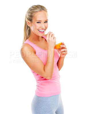 Buy stock photo Woman, portrait and studio for fitness with juice for vitamin c for diet or hydration with nutrition for exercise. Female person, orange drink and happiness for healthy or slim body and wellness