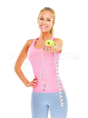 Buy stock photo Exercise, woman and portrait with apple and measuring tape for fitness, health and wellness for diet in studio. Model, dietician or nutritionist with fruit for cleanse, strength and vitamin for detox