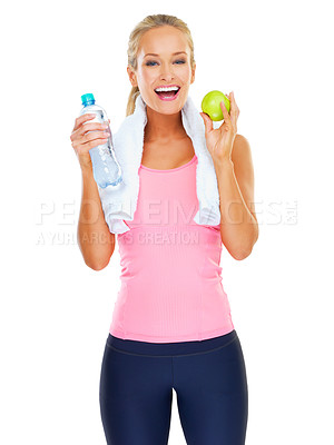 Buy stock photo Fitness, portrait and woman with water, fruit and towel for workout nutrition to lose weight in studio. Smile, apple and girl with diet, exercise and healthy food for wellness on white background