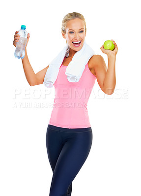 Buy stock photo Studio, athlete and portrait of woman with apple and water bottle for hydration of female person. White background, wellness and fitness for girl with training, exercise or workout and healthy