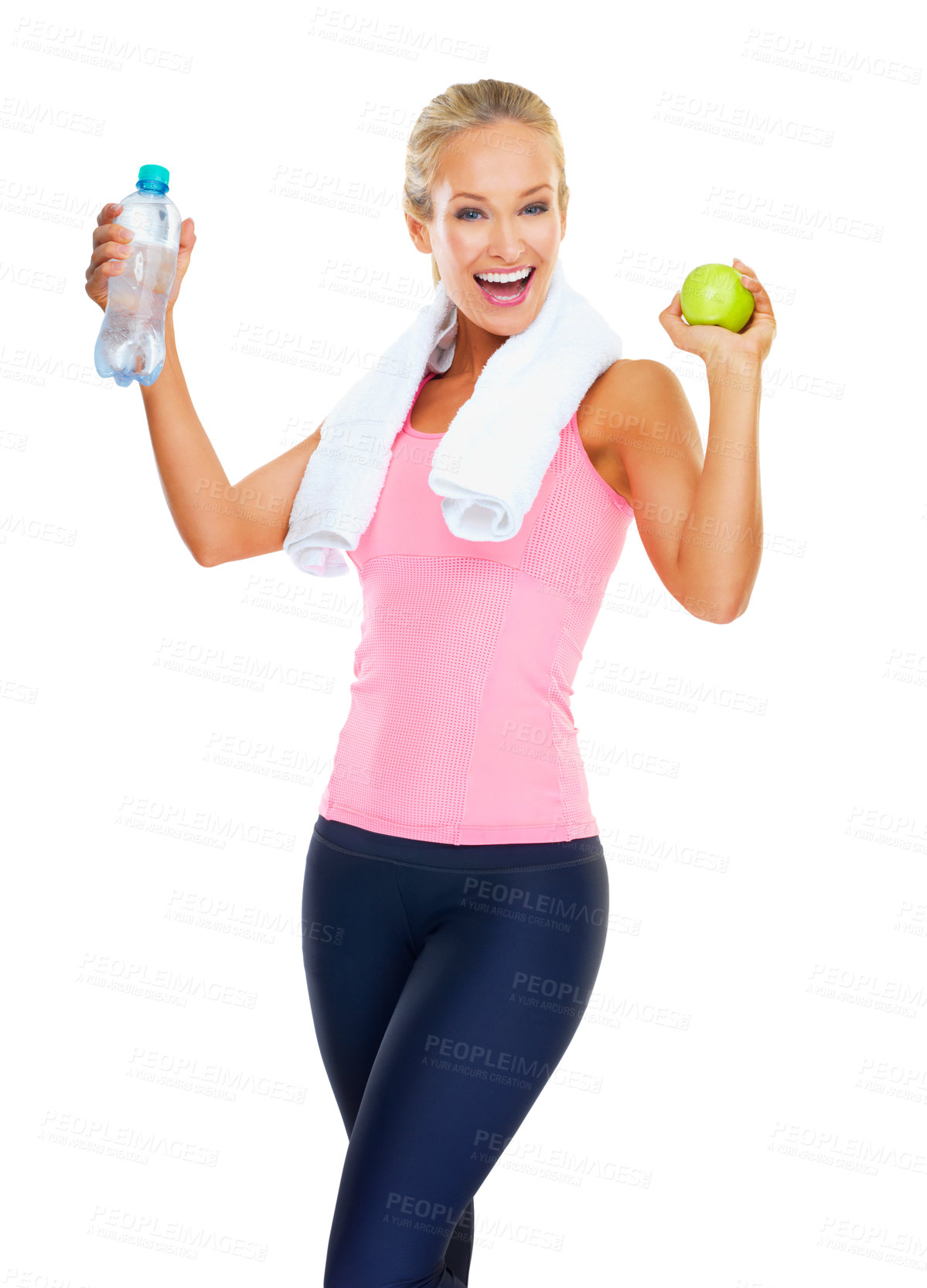 Buy stock photo Studio, athlete and portrait of woman with apple and water bottle for hydration of female person. White background, wellness and fitness for girl with training, exercise or workout and healthy