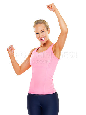 Buy stock photo Fitness, celebration and portrait of woman in studio for training results, winning and wellness with white background. Happy, athlete and person for achievement, body goals and exercise in sportswear