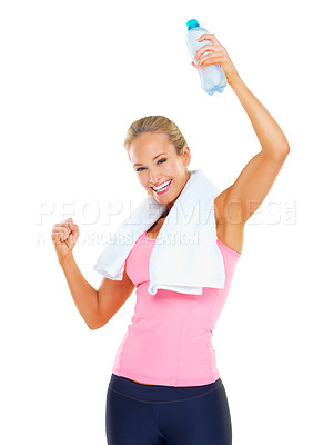 Buy stock photo Woman, water and celebration in fitness portrait excited for workout, exercise and goals. Lady, athletic and fit happy for achievement, training and cardio proud to lose weight on white background 