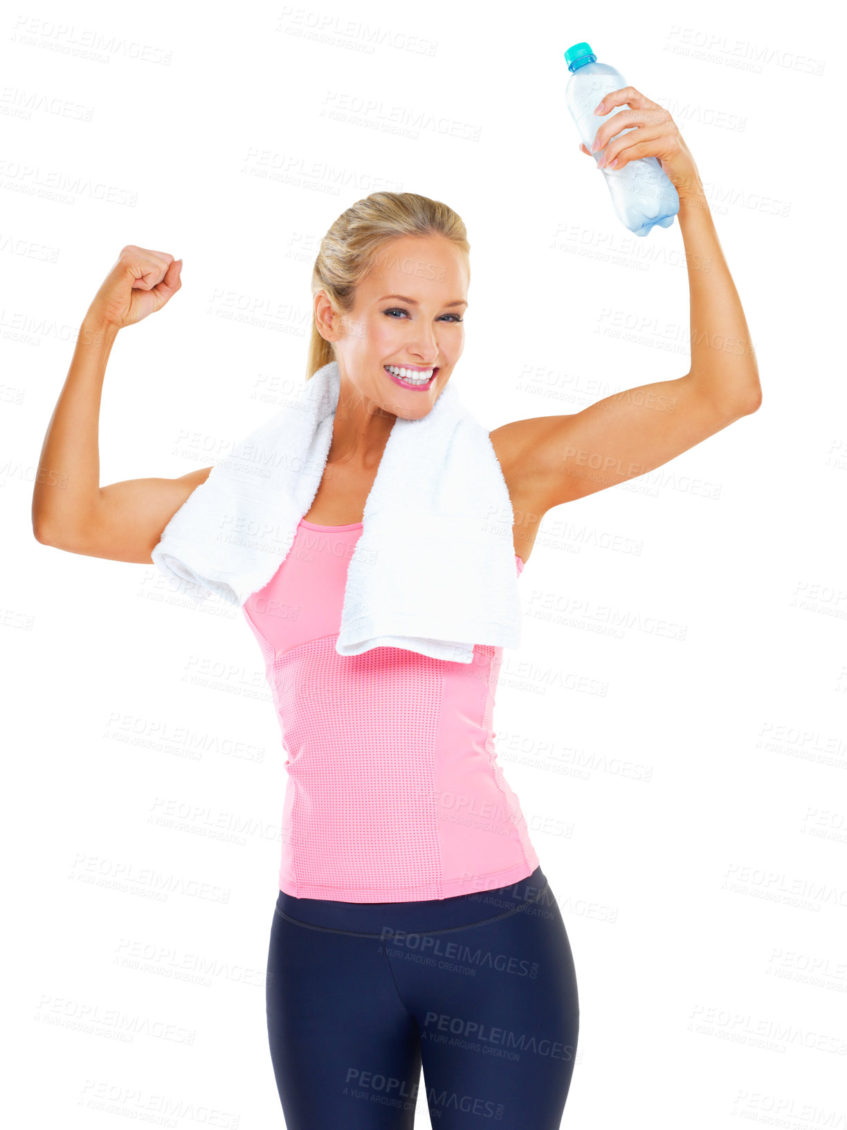 Buy stock photo Woman, portrait and muscle workout in studio with exercise towel or water bottle or health fitness, training or white background. Female person, face and strong arms or sport, mockup space or athlete