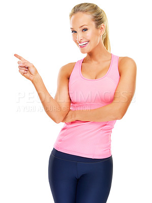 Buy stock photo Woman, fitness and happy for pointing in portrait with marketing, advertising and excited by white background. Person, athlete and smile with choice for announcement, recommendation and feedback