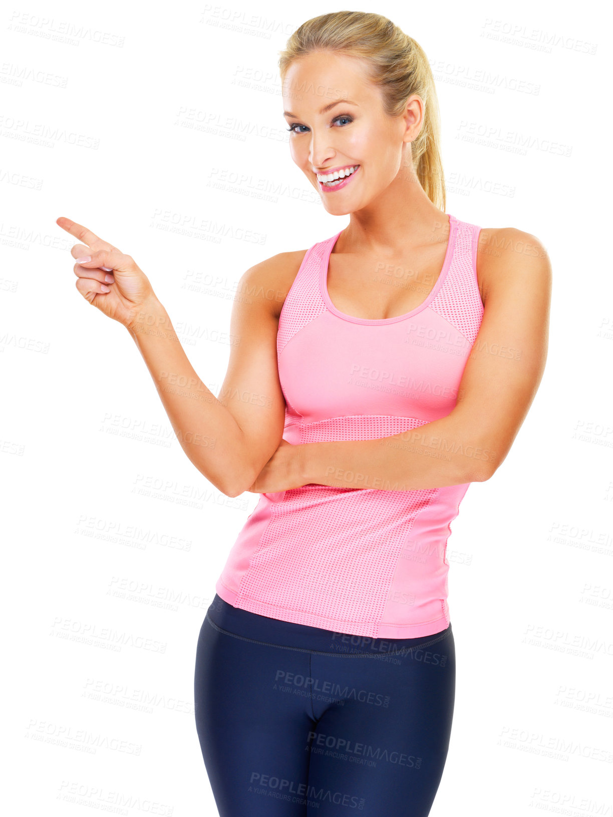 Buy stock photo Woman, fitness and happy for pointing in portrait with marketing, advertising and excited by white background. Person, athlete and smile with choice for announcement, recommendation and feedback