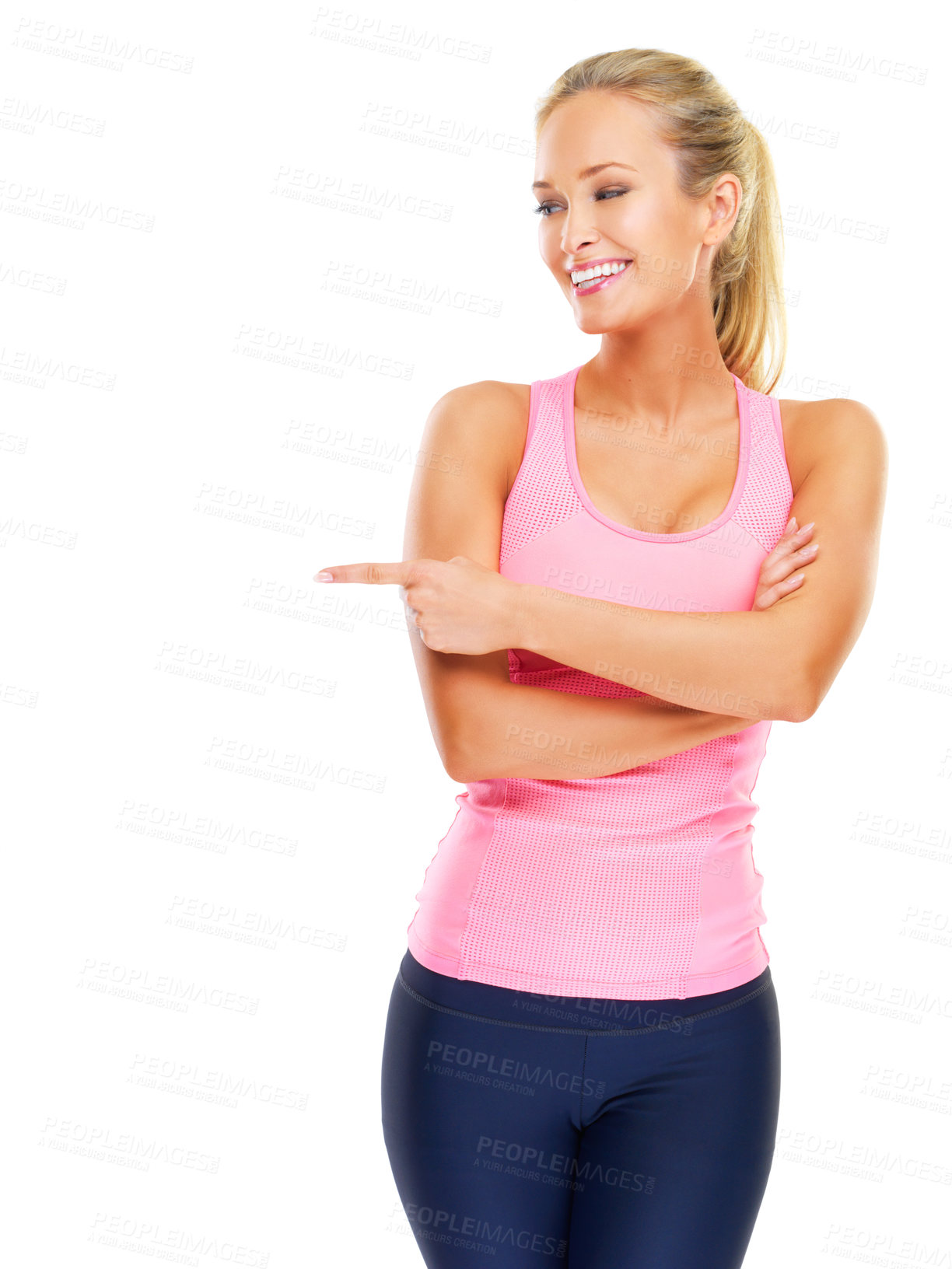 Buy stock photo Smile, fitness and woman with point in studio for training promotion, information or exercise. Female person, happy and hand with gesture for workout choice, decision or offer on white background