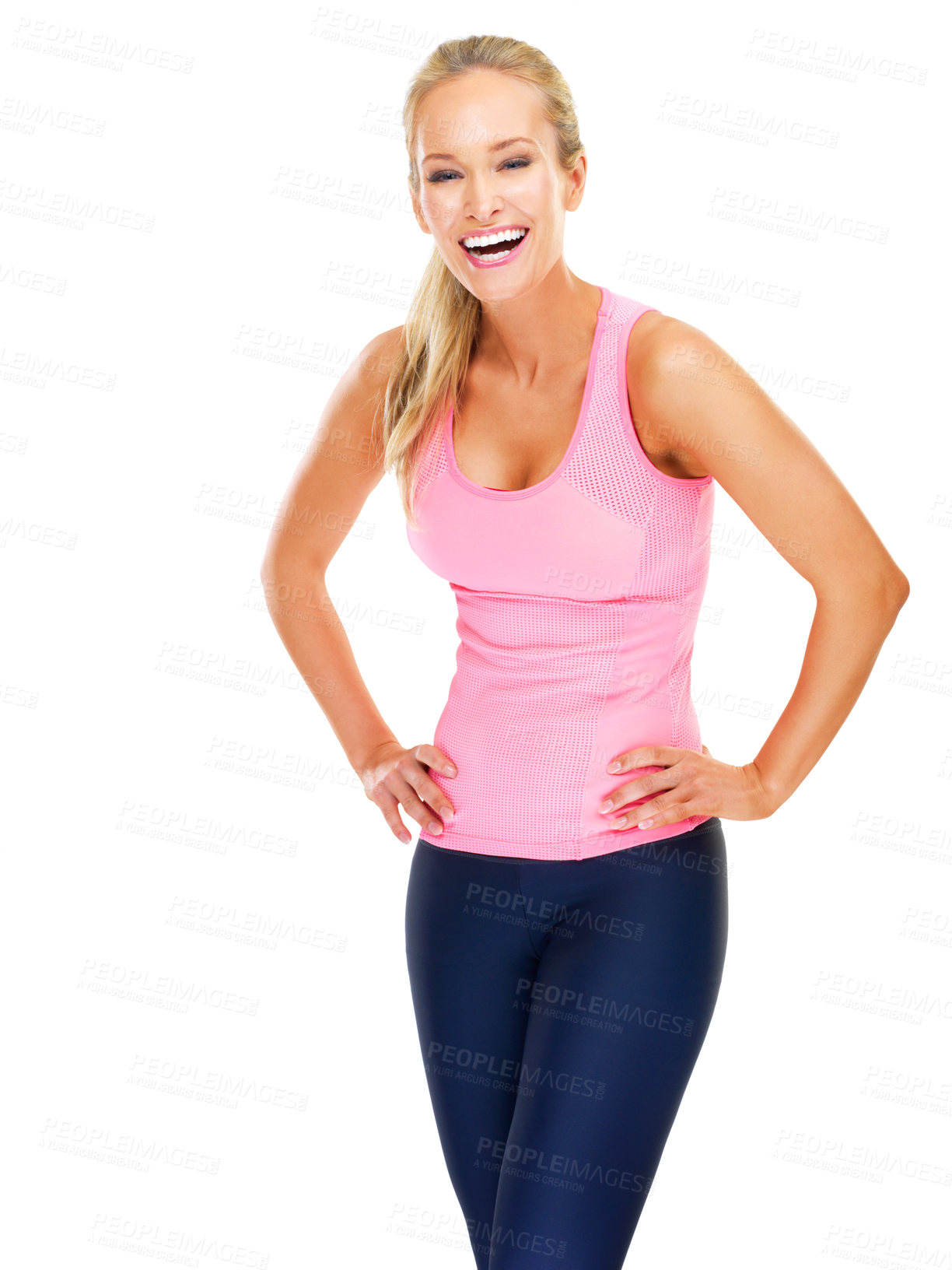 Buy stock photo Portrait, fitness and confidence of happy woman in studio isolated on a white background mockup. Sports clothes, workout and smile of person laughing for training, exercise or body health in Sweden