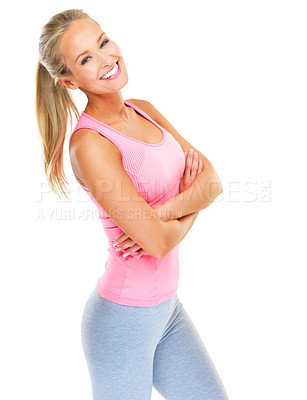 Buy stock photo Woman, portrait and workout fitness in studio with confident smile for exercise routine, performance or lose weight. Female person, face and white background for mockup space, training or athlete