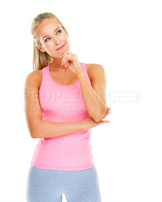 Buy stock photo Thinking, exercise and woman with vision for workout, training and health with mockup on white background. Female person, athlete and wellness lady with gym clothes for fitness, sports and body