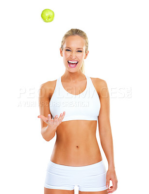 Buy stock photo Woman, portrait and apple in studio for diet nutrition on white background, lose weight or training. Female person, smile and fruit snack with mockup space or health benefit as progress, goal or meal