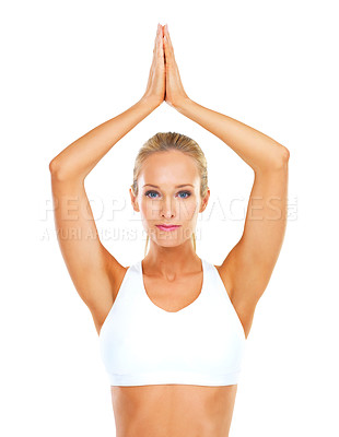 Buy stock photo Yoga, relax and portrait of woman in studio for stress relief, wellness and mindfulness in calm meditation. Prayer hands, peace and zen person on white background for spiritual healing, mental health